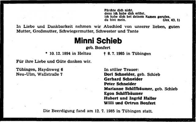 Bonfert Wilhelimine 1894-1985 Todesanzeige